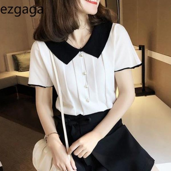 

women's blouses & shirts ezgaga summer short sleeve contrast women blouse lapel korean fashion button thin slim stretch office lady all, White
