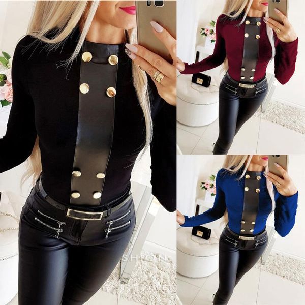 

women's blouses & shirts elegant button leather patchwork long sleeve women blouse shirt ladies clothes, White