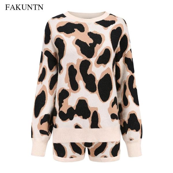 

autumn winter tracksuit women suit set lounge wear leopard long sleeve knitted sweater knit shorts two piece sets outfits women's pants, White