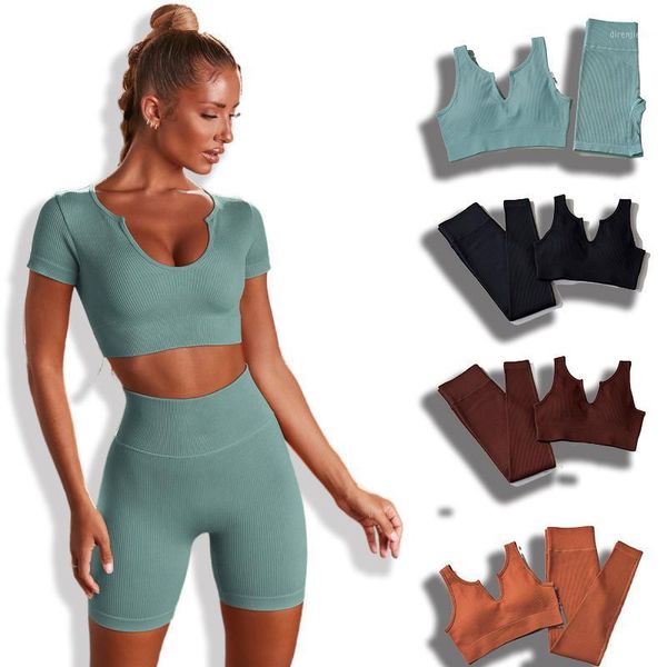 

yoga outfit u collar seamless women set brown two 2pcs piece crop bra leggings gym short sleeve sportsuit workout fitness1