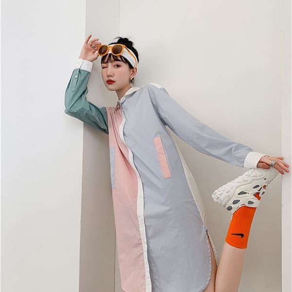 

casual dresses color block pink long sleeve shirt women patchwork button up collar mini 2021 korean fashion clothing jba5, Black;gray