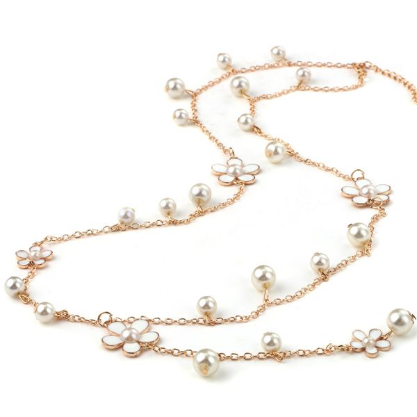 

flower long necklace for women fashion simulated pearl jewelry tassel perlas choker necklaces & pendants bijoux femme perle, Golden;silver