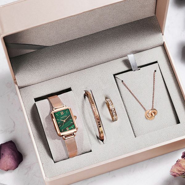 

gift box containing watch women's small square green watch waterproof quartz gift, Slivery;brown