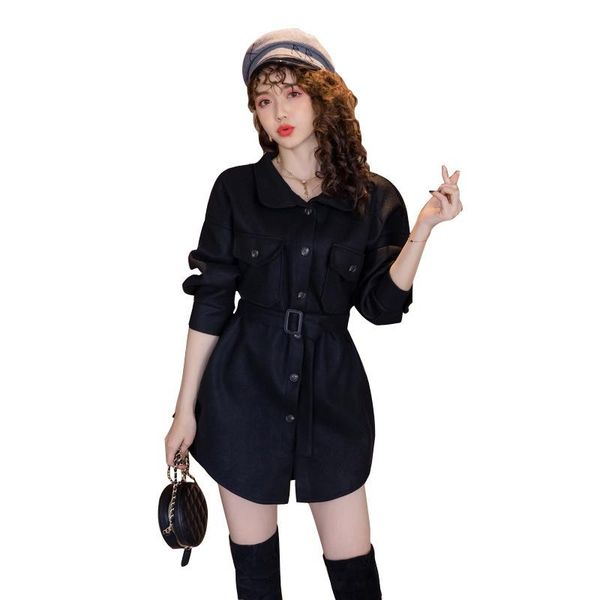 

casual dresses s-xl big size black a line dress women solid streetwear winter ladies long sleeve singer breasted mini cotton, Black;gray