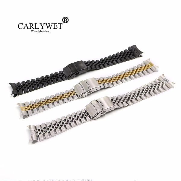 

watch bands carlywet 22mm hollow curved end solid screw links stainless steel band strap old style jubilee bracelet double push clasp, Black;brown
