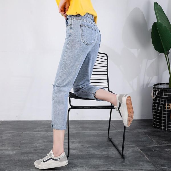 

women's jeans slim woman harem pants loose high waist wide leg ankle-length holes cotton women casual trousers, Blue