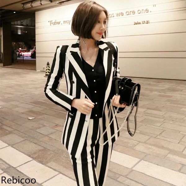 

fashion autumn women's ol professional temperament double-breasted warm striped blazer slim pants two-piece set two piece, White