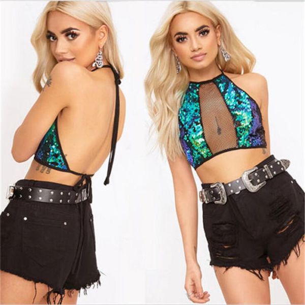 

women's tanks & camis 2021 glitter women rhinestone party tank summer beach crystal bustier crop diamonds nightclub sequin t-s, White