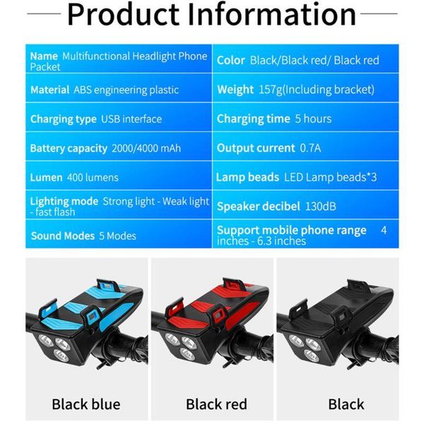 

bike front light phone holder bicycle bell power bank accessories 4 in 1 cycling lamp lights