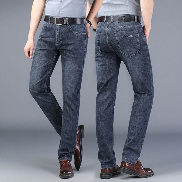 

2021 spring and summer thin business straight elastic jeans men's loose, Blue