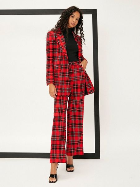 

tartan print wide leg pants e3p2#, Black;white