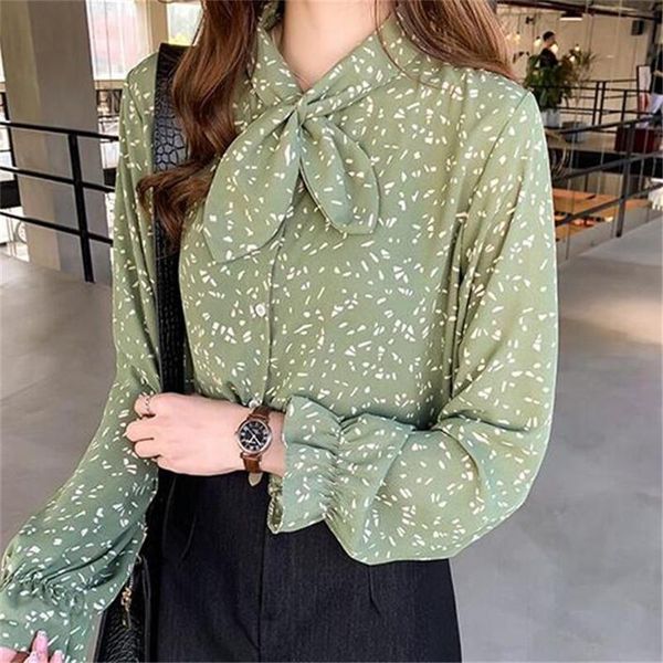 

korean blouses chiffon bow neck flare long sleeve shirts 2021 spring fashion plus size 4xl print blouse pz1475 women's &, White