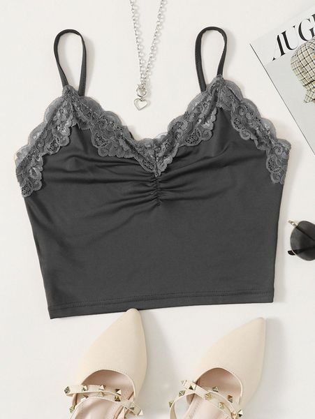 

contrast lace ruched cami b38w#, White