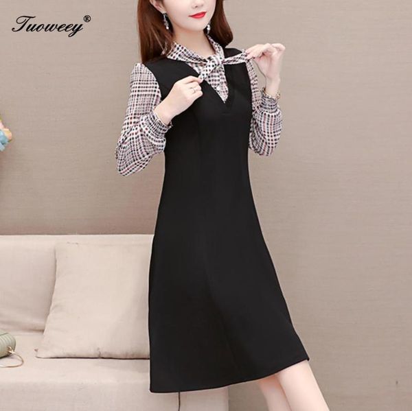 

casual dresses plus size women's spring chiffon floral patchwork loose show ol long sleeve fashion knee length elegant dress, Black;gray