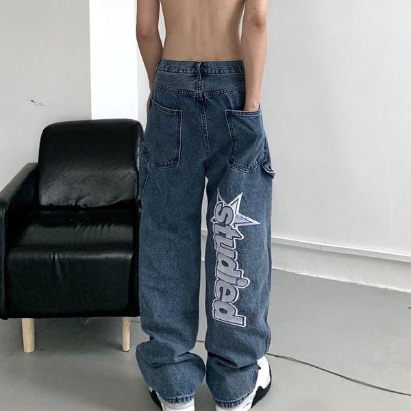 

men's jeans autumn streetwear retro hip-hop letter embroidery loose straight-leg pants wide-leg for men and women couples, Blue