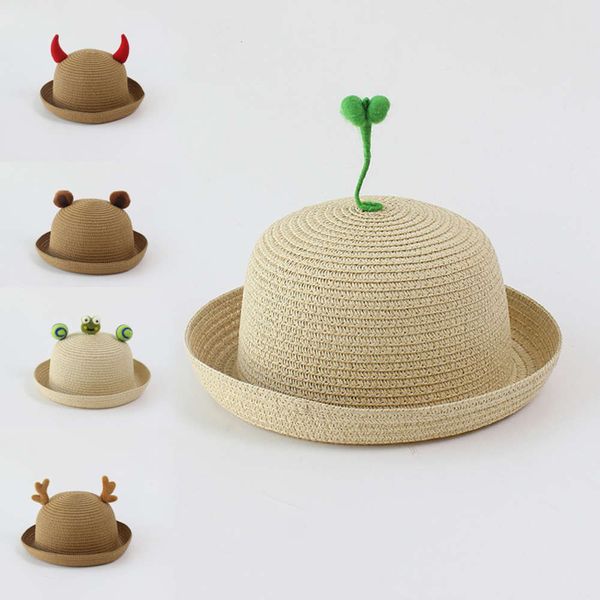 

children's zixia short brim curled boy girl baby travel cartoon straw hat for sun protection, Yellow