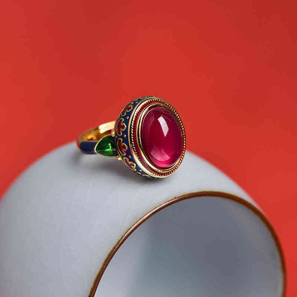 

band rings taiketai s925 silver plated enamel color red corundum open female national style mouth bracelet
