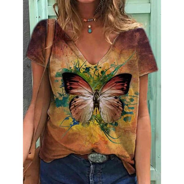 

summer clothes for women v-neck butterfly printed sleeveless casual pullover t-shirts y2k lady tees t-shirts 210515, White