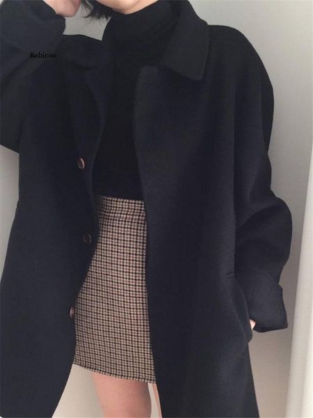 

women's wool & blends spring autumn woolen single-breasted coat female mid-long korean temperament women outerwear streetwear, Black