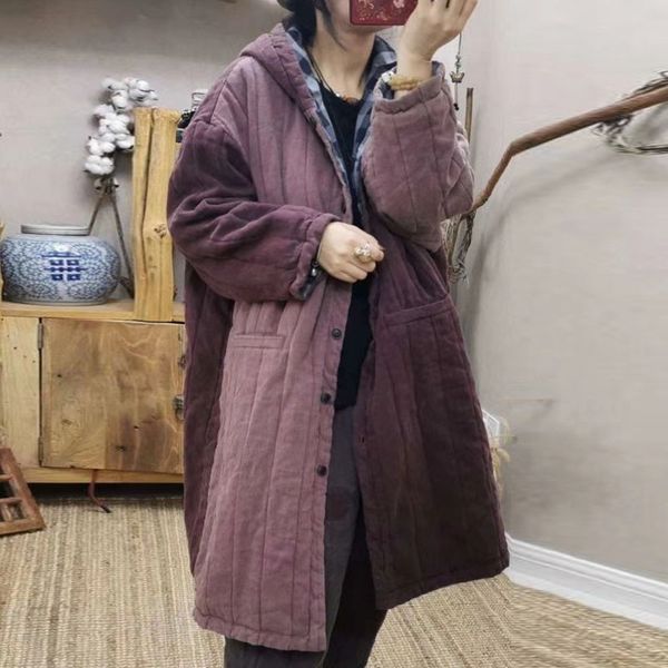 

johnature retro patchwork hooded warm thick cotton parkas autumn winter comfortable plus size all-match women long coat 210521, Black