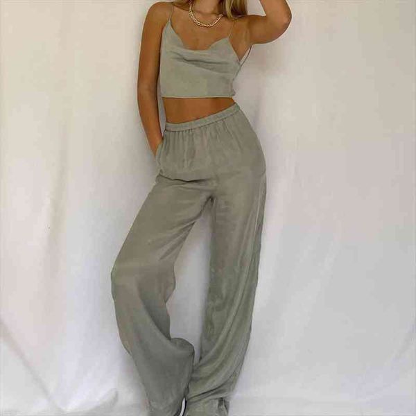 

women summer two-piece set vintage gray slim tank female streetwear elastic high waist trousers pants set, White
