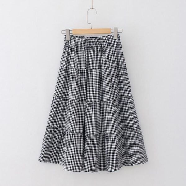 

skirts plaid pleated summer skirt women a line midi knee length high waist female sun school, Black