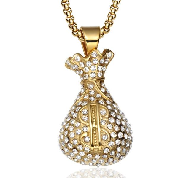 

hip hop diamond money bag necklace mens full rhinestone stainless steel pendant with 18k gold necklaces, Silver