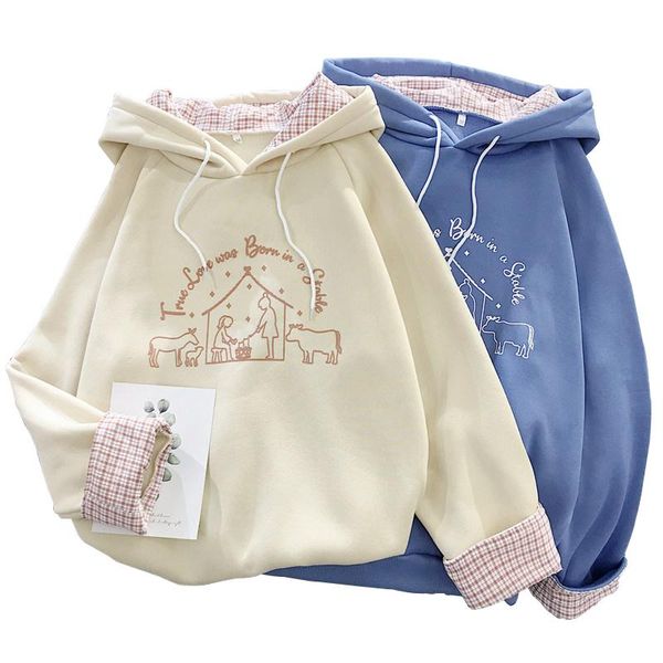 

women's hoodies & sweatshirts 2021 autumn and winter plus velvet thick women hoodie loose casual fashion all-match printing stitching, Black