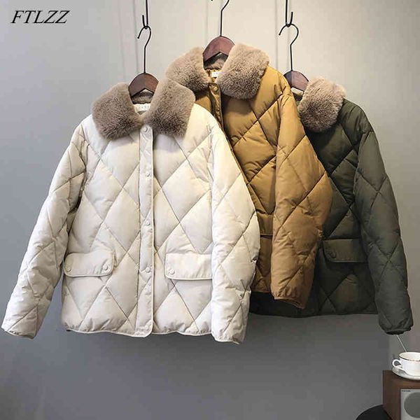 

winter elegant women large fur collar single breasted argyle cotton jacket vintage thick warm solid long sleeve coat 210423, Black