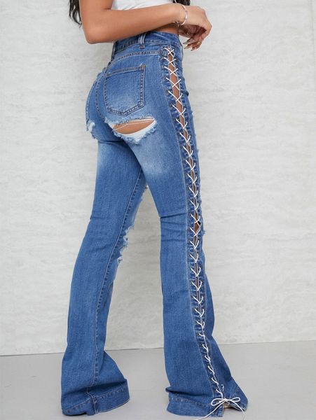 

sxy lace up ripped flare leg jeans 63v7#, Blue