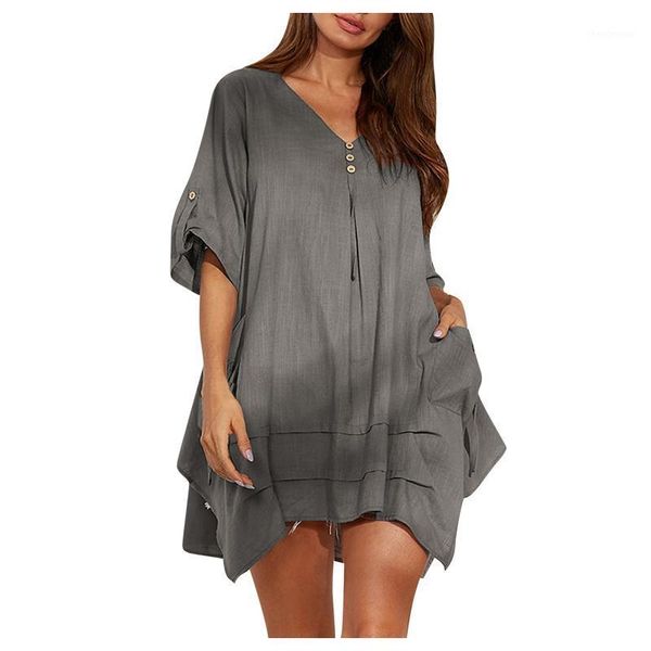 

women's blouses & shirts fashion blouse summer solid v-neck button short sleeve irregular hem comfortable cotton and linen casual, White