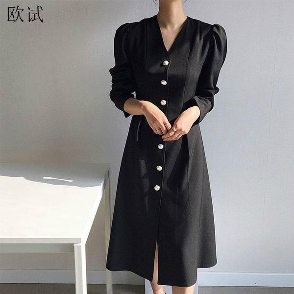 

long sleeve korean office dress 2021 women autumn ladies dresses woman black vintage elegant casual robe femme vestido, Black;gray