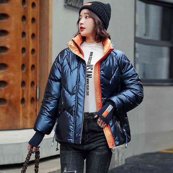 

Bright face down cotton jacket women's short fashion wash free bread loose stand collar 2021 winter, Black