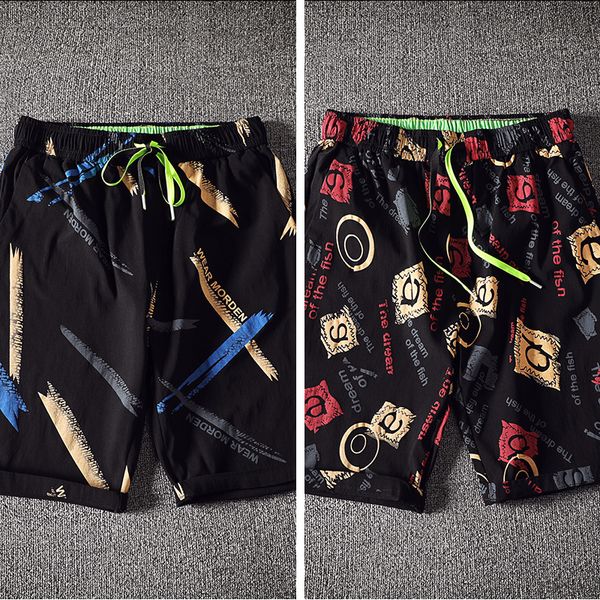 

a 184 summer five minutes of pants men loose handsome popular logo trend seven 6 beach pants male flower shorts trousers slacks, Blue