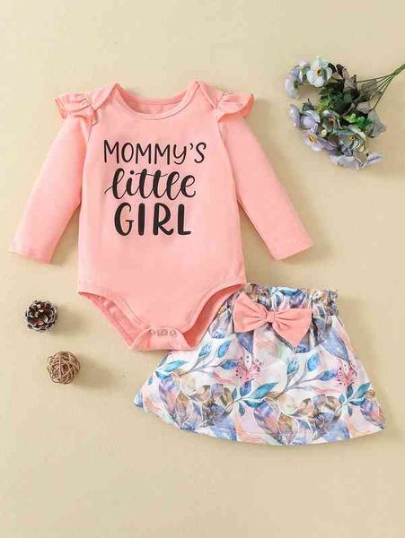 

baby letter graphic ruffle trim bodysuit & floral print skirt she, White