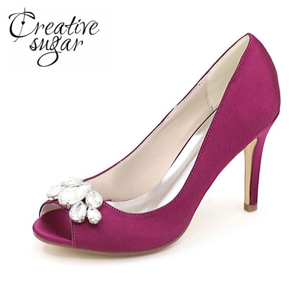

creativesugar woman satin dress shoes with crystal evening wedding party bridal guest pumps open peep toe purple silver, Black