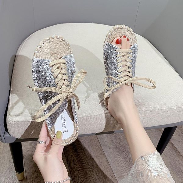 

sequins fisherman slippers women wear 2021 lace up summer student flat sandals retro linen and women's shoes, Black
