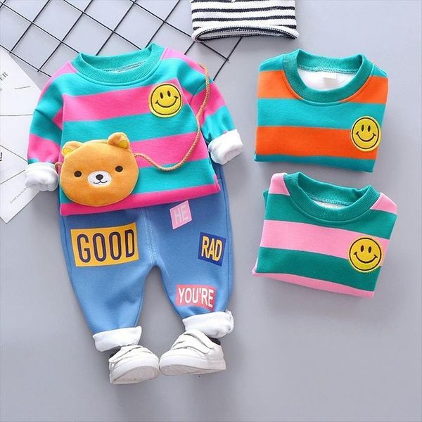 

baby spring autumn winter kids clothes boys girls cartoon coat pants 2pcs children infant striped thicken warm sportswear bt04, White