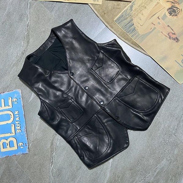 

men's vests sheepskin retro genuine leather vest men slim fit waistcoat male sleeveless jacket fashion single breasted v neck suit, Black;white
