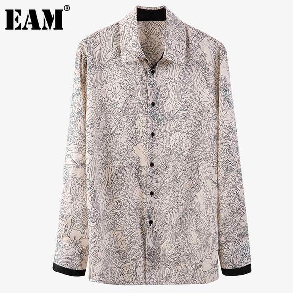 

[eam] women pattern printed big size blouse lapel long sleeve loose fit shirt fashion spring autumn 1dd6337 21512, White