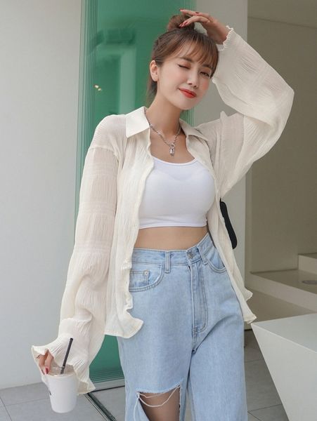 

dazy solid textured semi-sheer blouse i8vt#, White