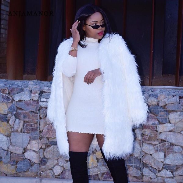 

women's fur & faux anjamanor white fluffy coat fashion winter outfits for women warm long jacket furry cardigan outwear d48-di57, Black