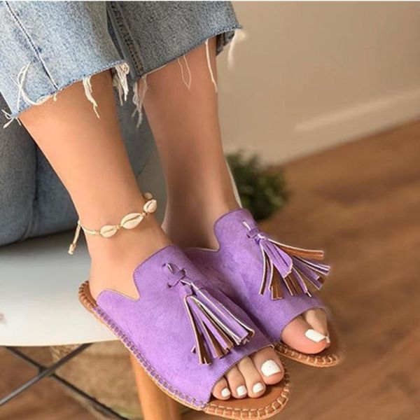 

summer falt shoes women casual open toe solid slipper ladies fashion fringe outside purple female big size 43 slippers, Black