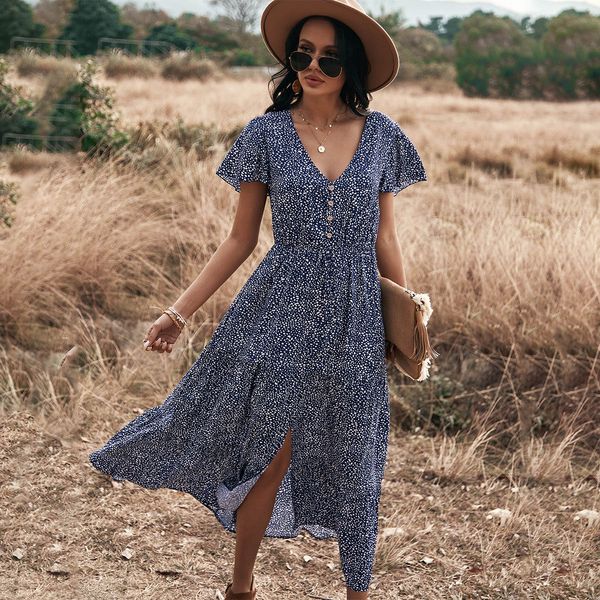 

20212021 dot print ruffles summer dress women casual v neck d string button dress for woman vintage white dresses vestidos, Black;gray