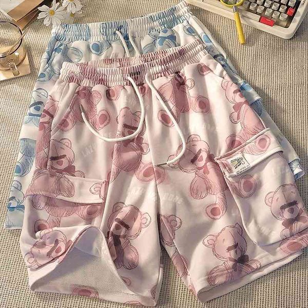 

korean style high waist womens shorts pink loose casual summer sports shorts femme slim sweatpants teddy bear couple bottoms, White;black