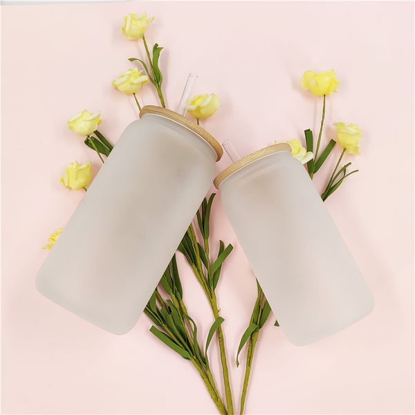 

us warehouse 16oz sublimation glass beer mugs glass water bottle beer can glass tumbler drinking glasses with bamboo cork lid and straw iced