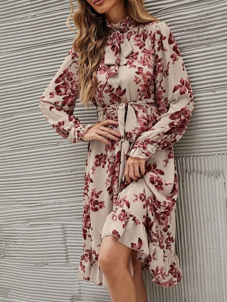 

floral print tie neck ruffle hem belted dress 37uh#, Black;gray