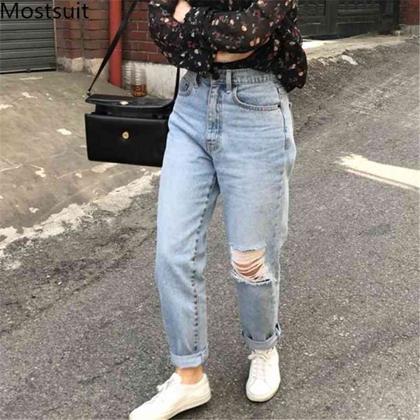 

blue koean fashion women ripped denim jeans pants buttons fly solid loose female trousers femme 210518