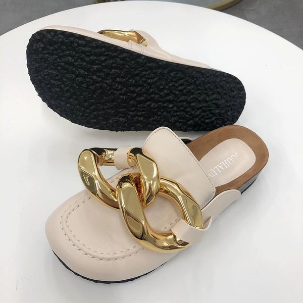 

slippers slip on mules shoes brand design gold chain women slipper closed toe round low heels casual slides flip flops plus size, Black