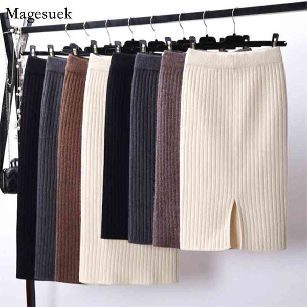 

autumn winter skirt solid color thicken splti knitted skirts womens fashion elegant long for women faldas 12118 210512, Black
